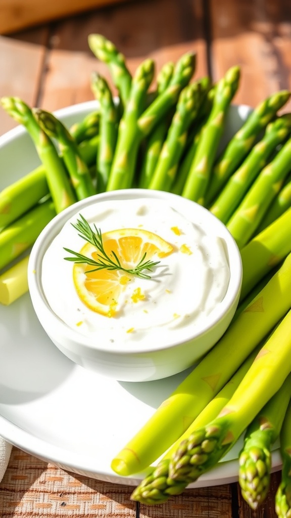 A bowl of creamy asparagus dipping sauce with fresh asparagus spears on a rustic table.